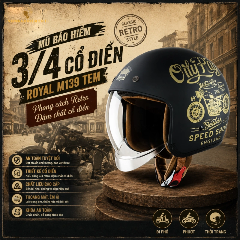 Mũ bảo hiểm 3/ 4 cổ điển: Royal M139 Tem