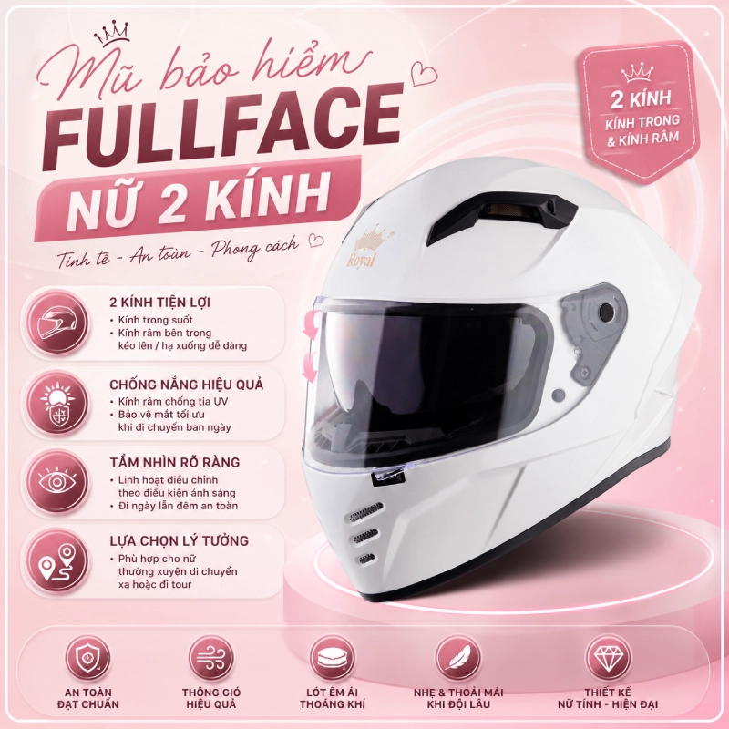 Mũ bảo hiểm fullface nữ 2 kính