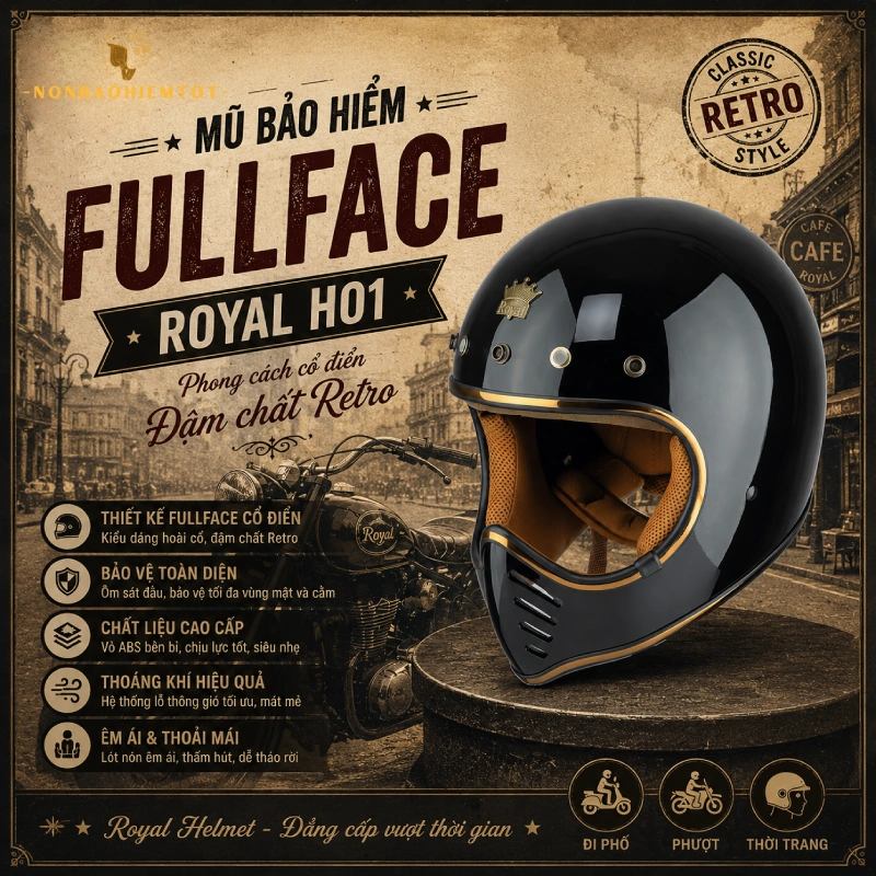 Mũ bảo hiểm Fullface cổ điển: Royal H01