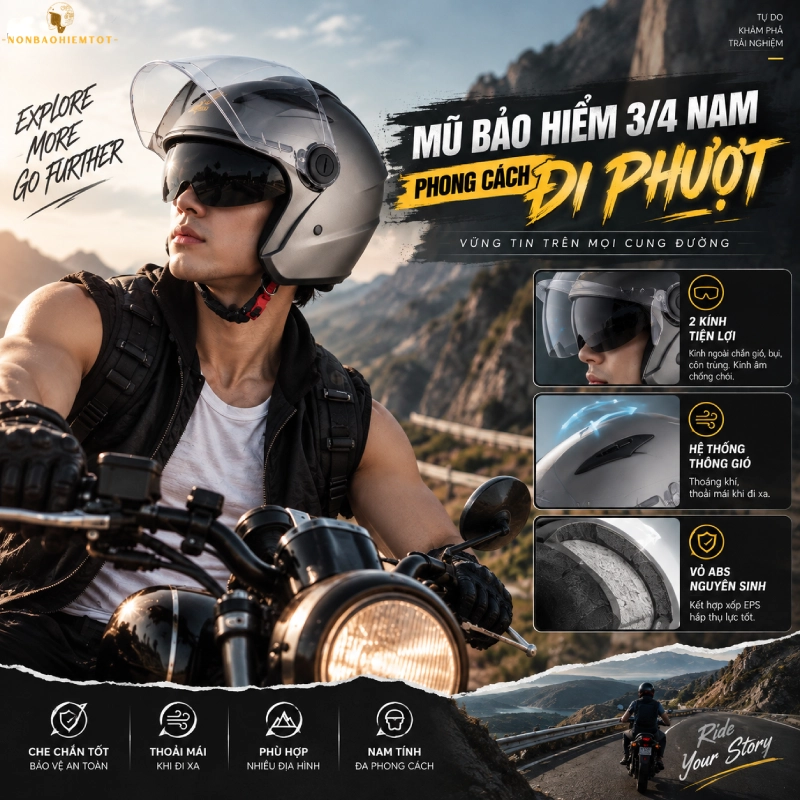 Mũ bảo hiểm 3/4 nam phong cách đi phượt