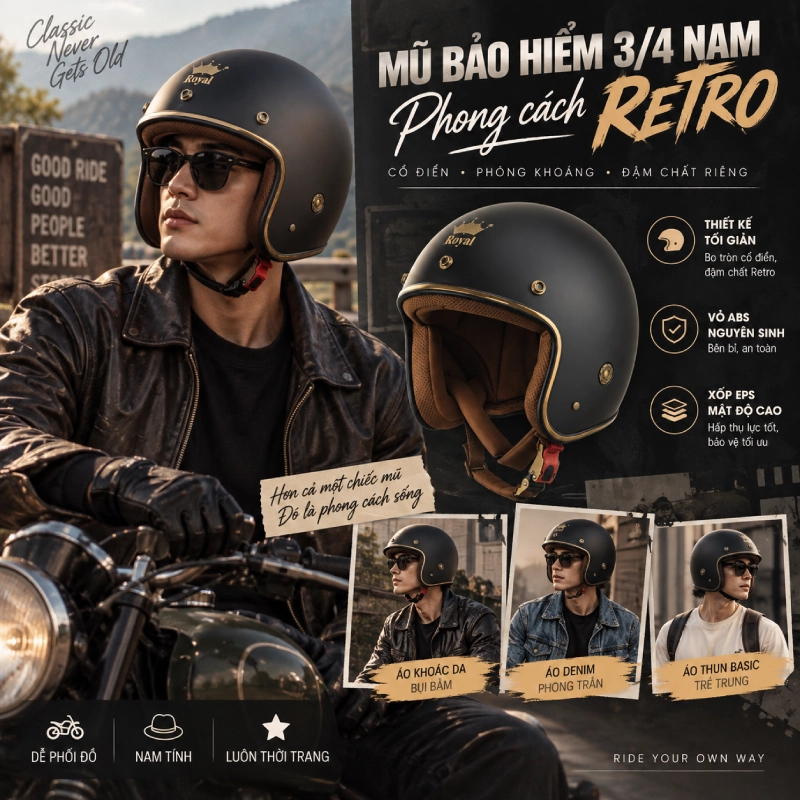 Mũ bảo hiểm 3/4 nam phong cách Retro