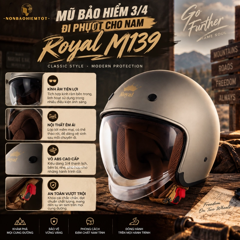 Mũ bảo hiểm 3/4 đi phượt cho nam Royal M139