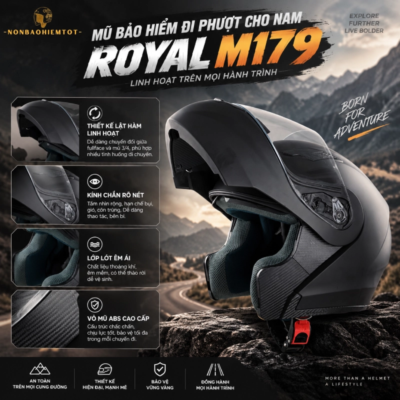 Mũ bảo hiểm đi phượt cho nam lật hàm Royal M179