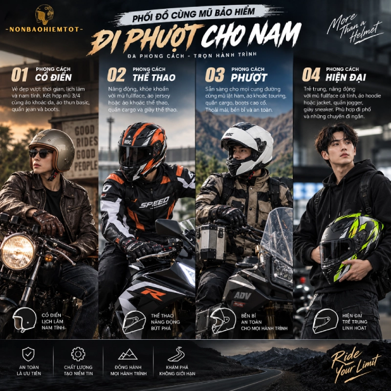 Phong cách phối đồ cùng mũ bảo hiểm đi phượt cho nam