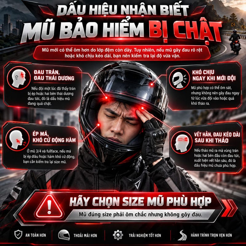 Dấu hiệu nhận biết mũ bảo hiểm bị chật