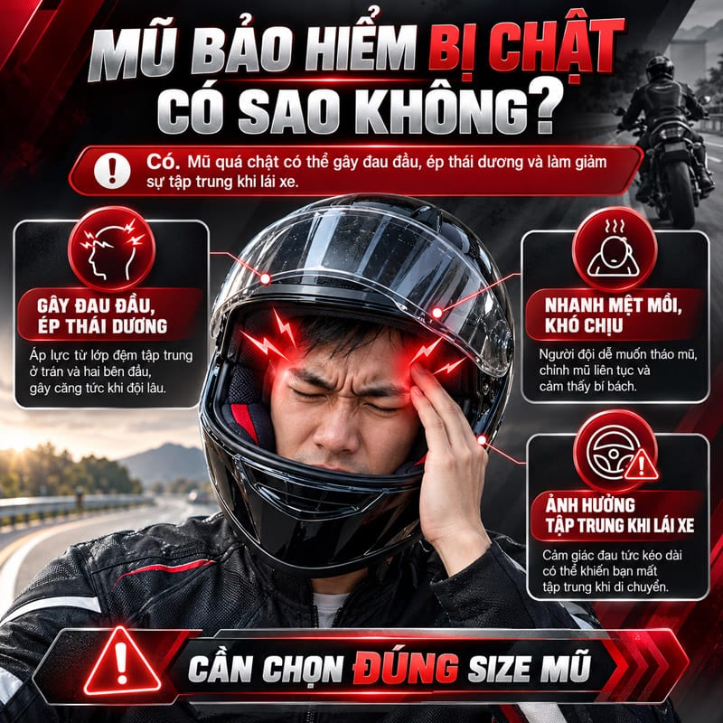 Mũ bảo hiểm bị chật có sao không? Có. Mũ bảo hiểm quá chật có thể gây đau đầu, tạo áp lực lên vùng trán và thái dương, khiến người đội khó chịu, mất tập trung khi điều khiển phương tiện.