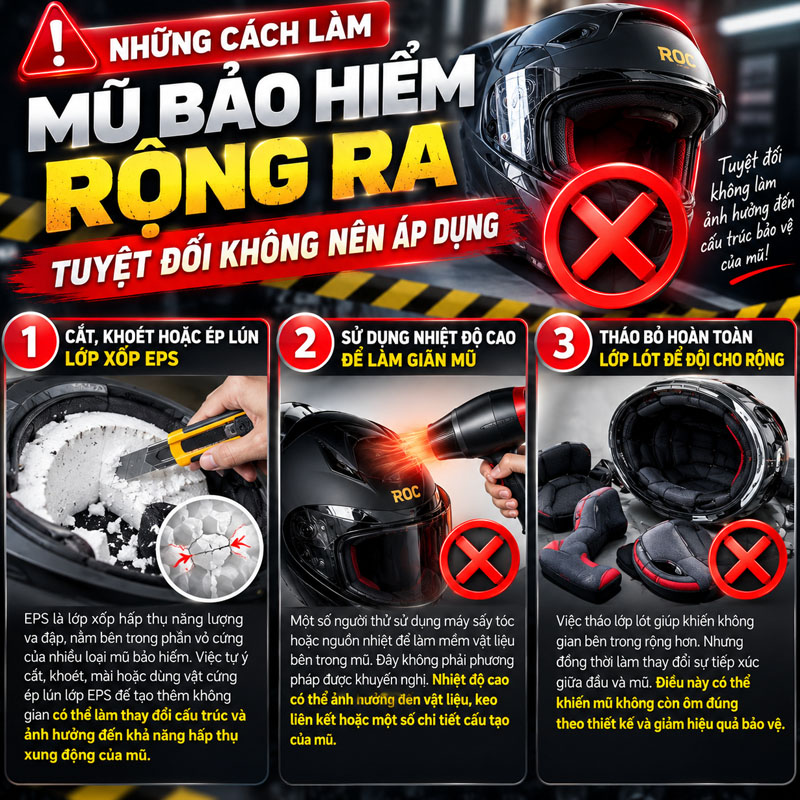 Những cách làm mũ bảo hiểm rộng ra tuyệt đối không nên áp dụng