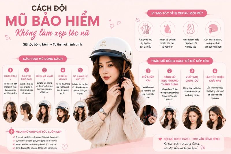 Cách đội mũ bảo hiểm không làm xẹp tóc nữ