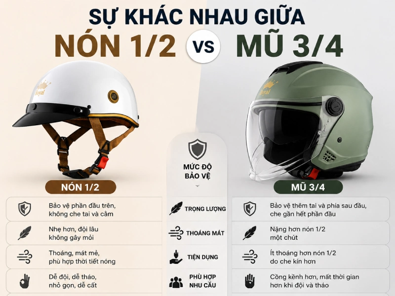 Nón 1/2 khác gì mũ 3/4?