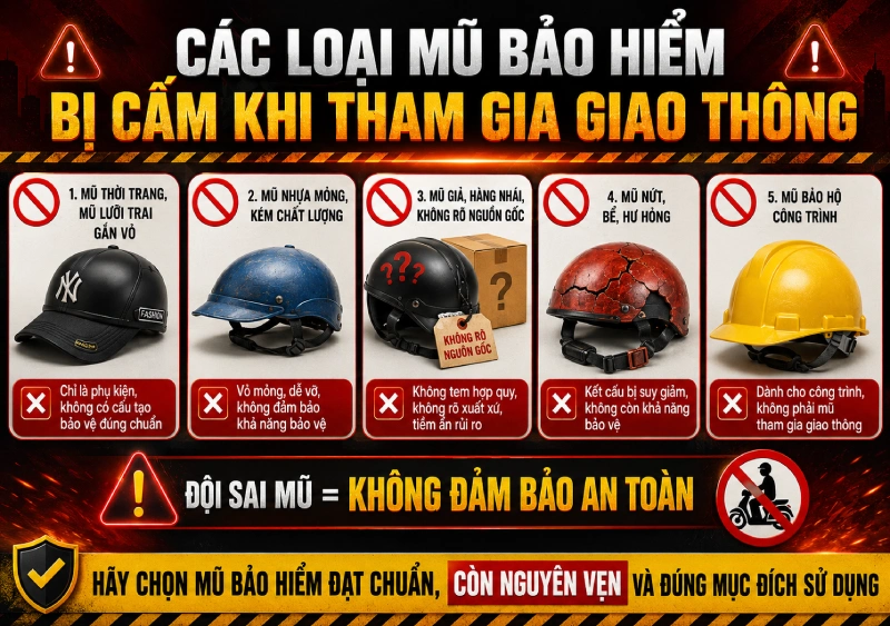 Các loại mũ bảo hiểm bị cấm đội khi tham gia giao thông